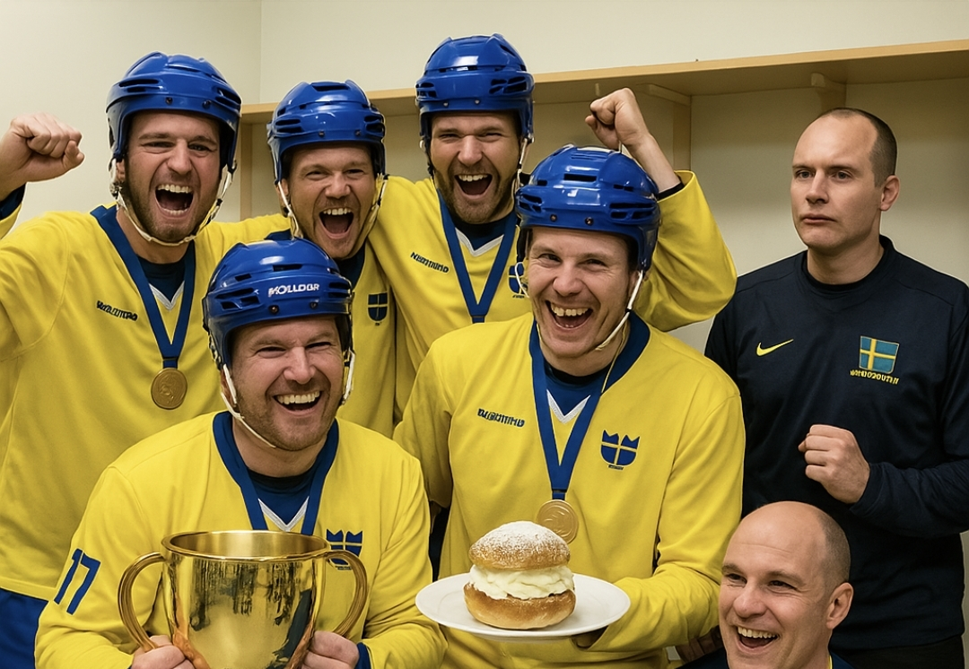Svenska bandyspelare firar VM-guld passivt